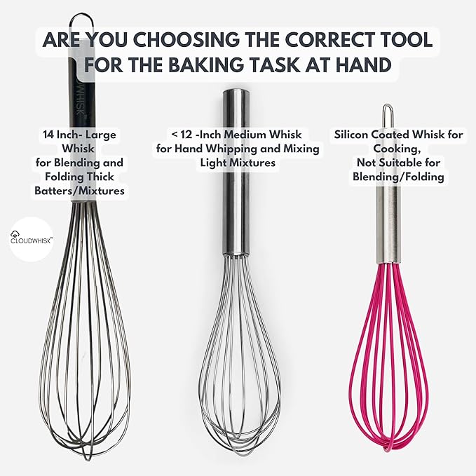 CLOUDWHISK™ 14-Inch Professional Balloon Large Stainless Steel Metal Cake Whisk. Specially designed for Folding and Blending Cake Batters to Achieve Fluffier Cakes