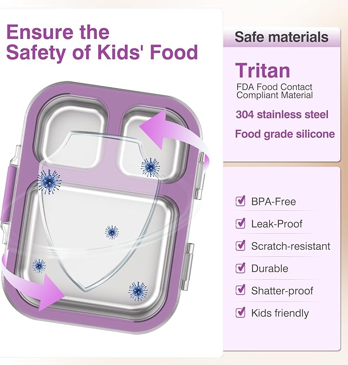 Stainless Steel Lunch Box: Metal Bento Box for Kids Adults - 3 Compartments Leak-Proof Lunch Box, Purple