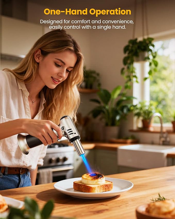 Kollea Butane Torch Lighter, Mini Kitchen Cooking Torch Lighter with Fuel Gauge & Continuous Flame Lock & Nozzle, Culinary Blow Creme Brulee Torch for Baking Food Desserts (Butane Gas Not Included)