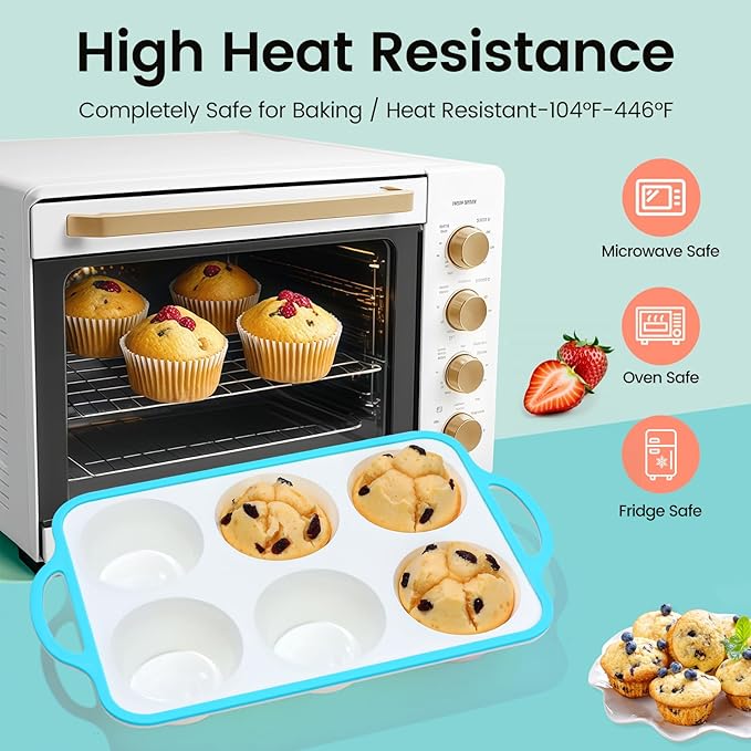 Silicone Jumbo Muffin Pan with Metal Frame, Non Stick Food Grade Silicone Large Muffin Pan, with Handles 6 Cup,BPA-Free and Dishwasher Safe, Jumbo Cupcake Pans - 1 Piece Blue
