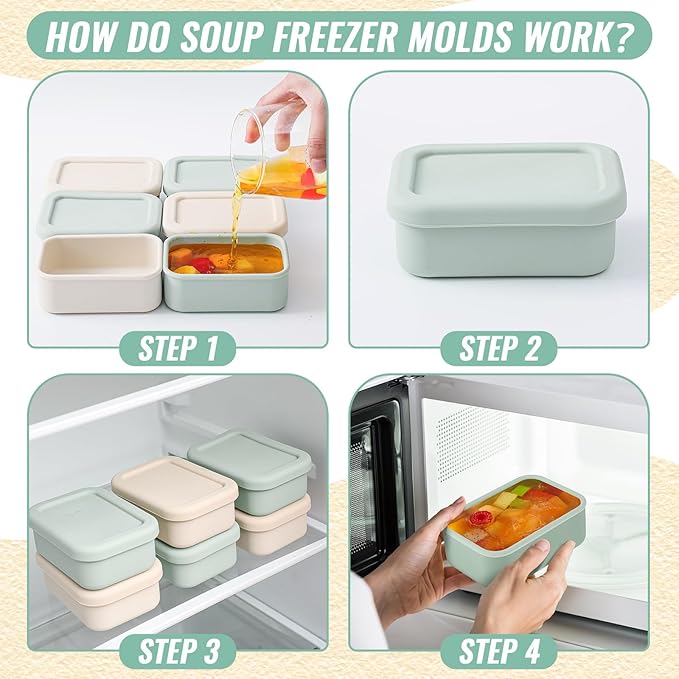6 Packs 1 Cup Silicone Soup Freezer Molds with Lid Silicone Soup Freezer Trays Rectangle Reusable Food Preserving Tray Freezing Sauces Stews(Sage Green, Beige)