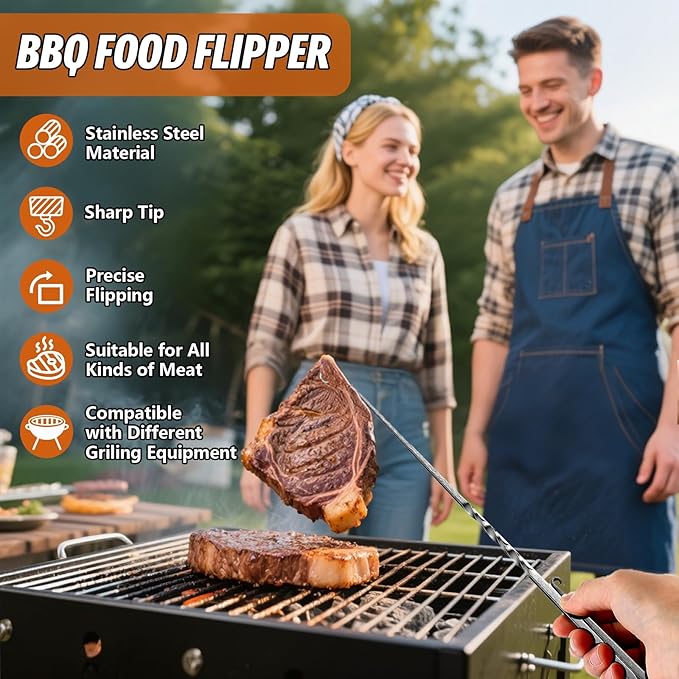 Stainless Steel Meat Hook Flipper, Handmade BBQ Turner Hooks, BBQF Turner Hooks, Flips Cooking Hooks for Grilling Smoking Frying (Stainless Steel - B)