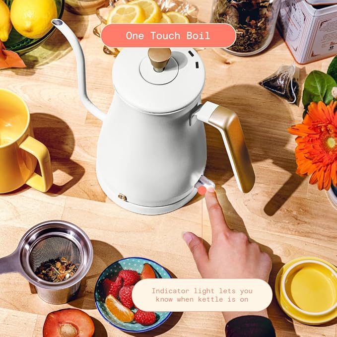 Beautiful 1L Electric Gooseneck Kettle, Precision Pour Spout, 1200W Fast Boil, Auto Shut-Off, Cordless, Stainless Steel, Tea & Coffee Maker with Ergonomic Handle, Matte Finish, White Icing