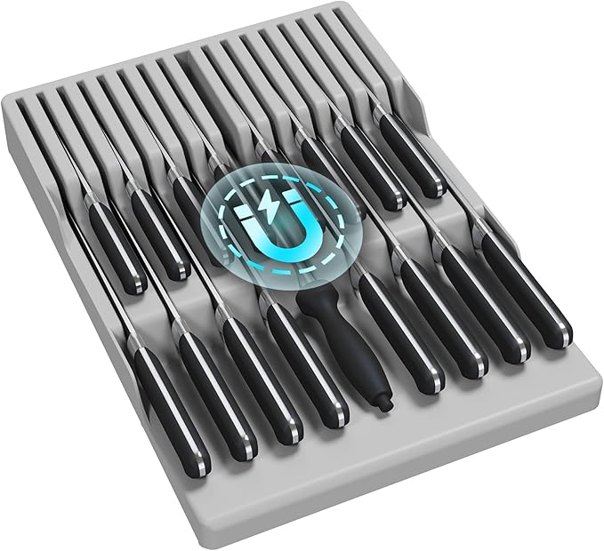 Lifewit Magnetic Drawer Knife Organizers Insert, Kitchen Plastic In Drawer Knife Block Slots for 16 Knives and 1 Sharpening Steel, Extra Large Steak Chefs Knives Holder Storage Sets, Gray