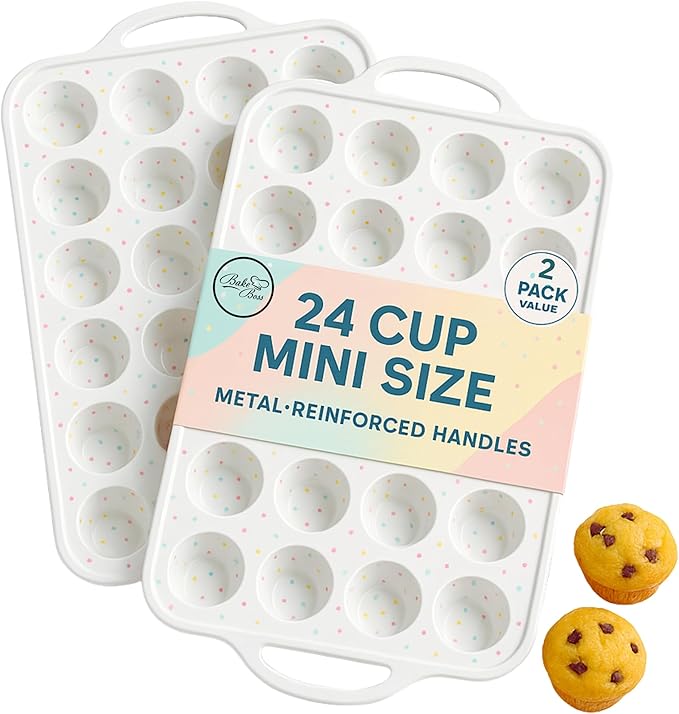 2-Pack Mini Muffin Pan 24 cups - Silicone Muffin Pans with Metal-Reinforced Handles – Nonstick, BPA-Free, Food-Grade Bakeware for Mini Cupcakes & Snacks – Dishwasher Safe, Cream