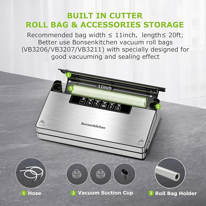 Bonsenkitchen Vacuum Sealer Machine, Powerful Stainless Steel Food Sealer with 5 Modes, Built-in Cutter & Bag Storage,Globefish Technology for High-Speed Continuous Working, Include 1 Bag Roll