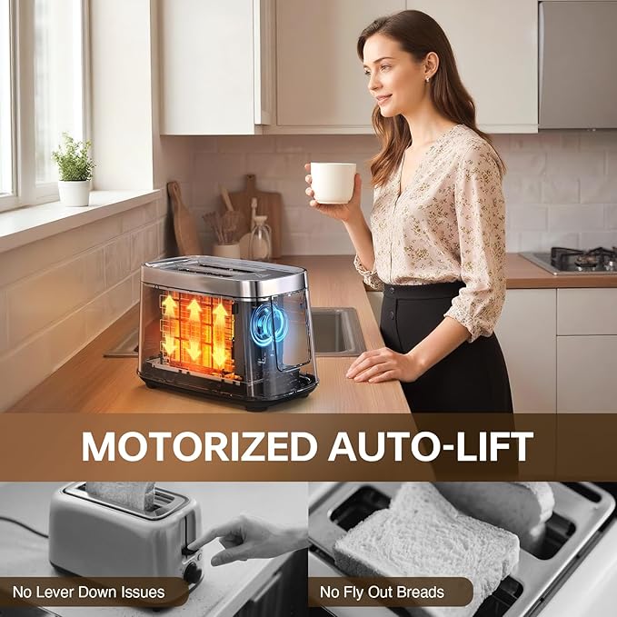 Mecity 2 Slice Toaster with Touch Screen & Auto Lift, Stainless Steel Cool-Touch Toaster with 8 Bread Settings, 5 Shade Levels, 1200W High Power, Keep Warm & Reheat Function, Stainless Steel, 120V