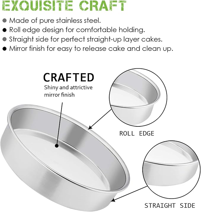 E-far 9½ Inch Cake Pan Set of 2, Stainless Steel Round Cake Baking Pans, Non-Toxic & Healthy, Mirror Finish & Dishwasher Safe