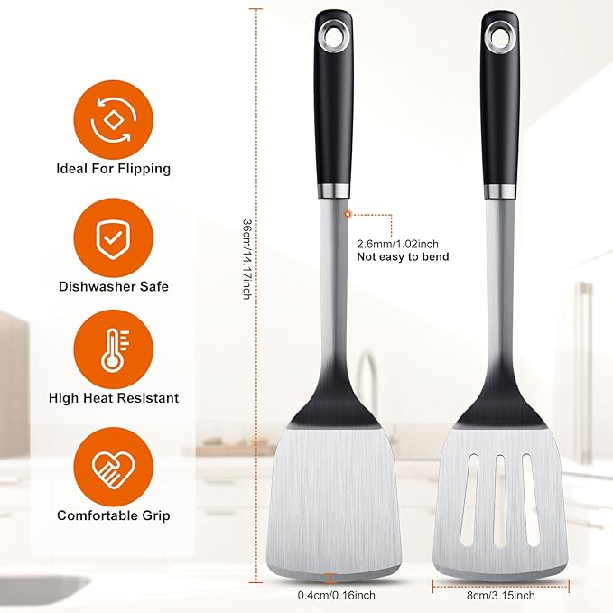 Stainless Steel Spatula Set, 2 Piece Heavy Duty Turner/Metal Spatula, High Heat Resistant Kitchen Cooking Utensils, Ideal Cookware for Frying Steak, Fish, Eggs or Pancakes