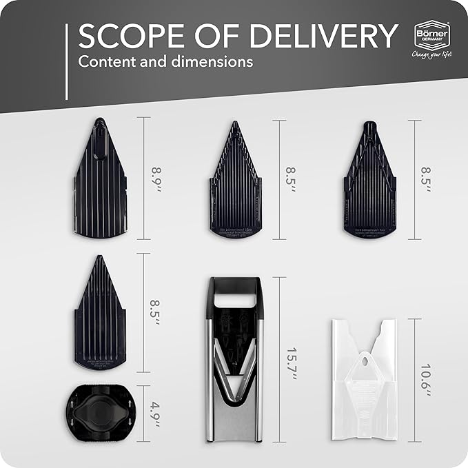 Borner V6 Exclusive Line V-Mandoline Slicer 8-in-1 Pro-Set, Stainless Steel Vegetable Cutter with Safety Insert, Slice Insert, 2 Blade Inserts