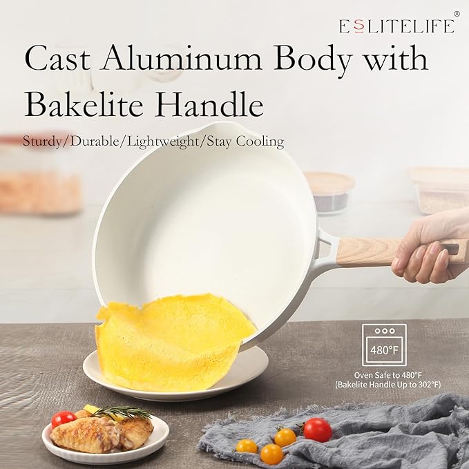 ESLITE LIFE Nonstick Ceramic Frying Pan Skillet, Non-Toxic Egg Omelette Kitchen Cooking Pans Compatible with All Stovetops (Gas, Electric & Induction), PTFE & PFOA Free (White, 9.5")