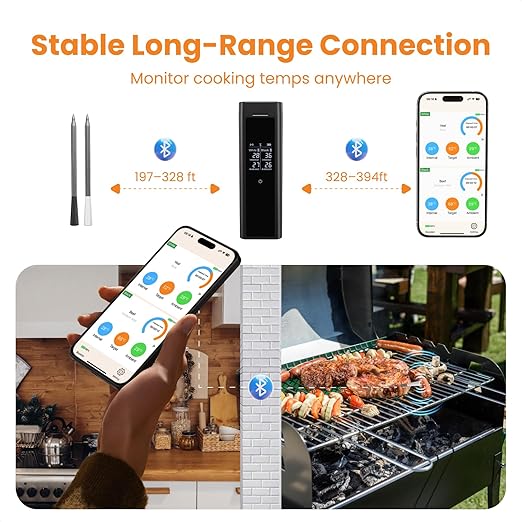 Wireless Meat Thermometer with 2 Color-Coded Probes, ±1.8℉ Accuracy, IP67 Waterproof, App Control & Real-Time Monitoring, Two-Way Alerts for Kitchen, BBQ, Grill, Oven, Smoker