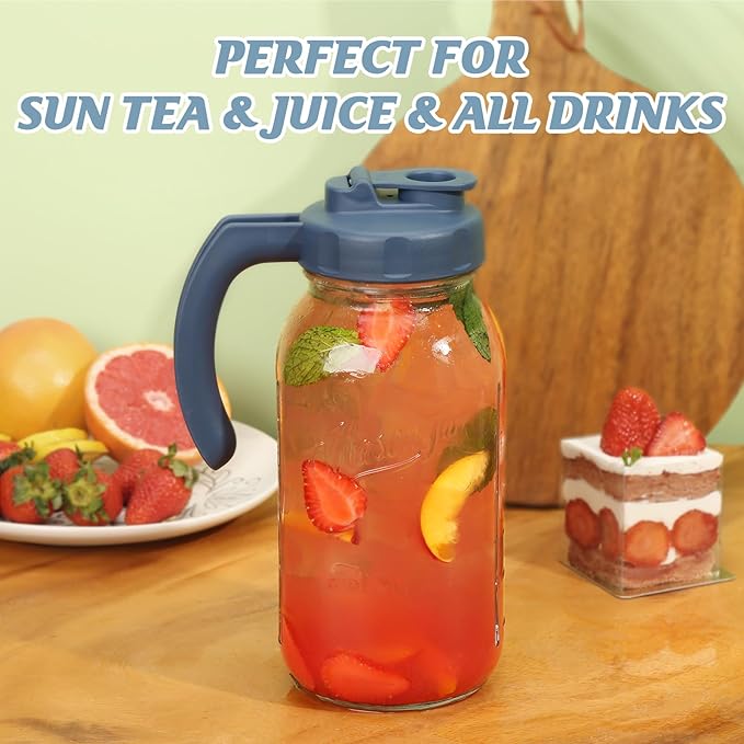 Soligt Glass Mason Jar Pitcher with Lid, Wide Mouth Flip Cap Pour Spout Leak-proof Lid with Handle, 64 oz (2 Quart / 1.9 Liter), Navy and Yellow