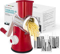 X Home Rotary Cheese Grater for Kitchen, Shredder with 3 Interchangeable Blades, Rotary Grater with Handle and Strong Suction Base, for Vegetables, Fruit, Nuts, Easy to Use and Clean, Red