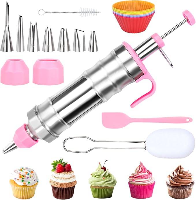 FACIACC Dessert Decorating Syringe Set, Stainless Frosting Piping Kit with 7 Piping Tips & 7 Silicone Cupcakes, Dessert Making Tools for Baking Cupcakes, Cookies & Pastries