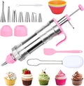 FACIACC Dessert Decorating Syringe Set, Stainless Frosting Piping Kit with 7 Piping Tips & 7 Silicone Cupcakes, Dessert Making Tools for Baking Cupcakes, Cookies & Pastries