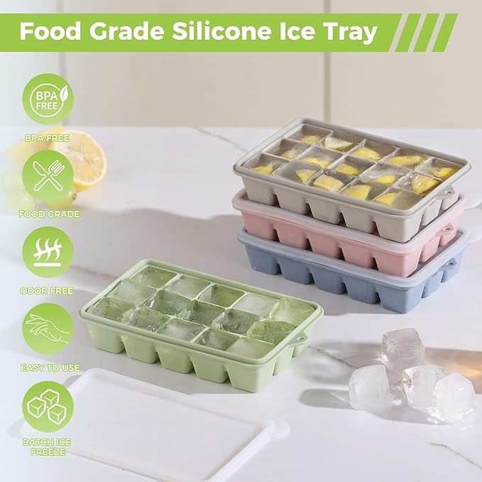 Silicone Ice Cube Trays with Lid, Set of 4, Easy Release Ice Molds, Reusable and Stackable Ice Trays for Freezer for Cocktail, Whiskey, Baby Food, BPA Free (green)