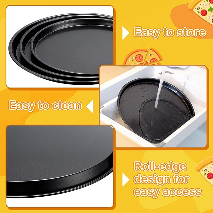 Pizza Pans 10.23/11.4/12.1 Inches Set of 3 Black Stainless Steel Non Stick Pizza Baking Pans Tray Round Serving Plate for Pie Cookie Cake Baking Grilling