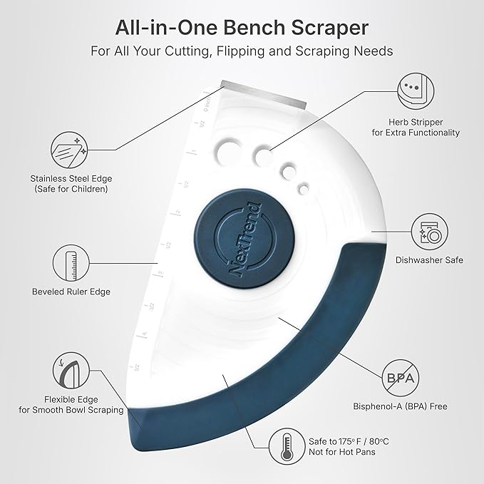 Nextrend BakerScraper – 5-in-1 Flexible Bowl Scraper, Bench Scraper and Dough Scraper with Stainless Steel Edge, Ruler & Herb Stripper – BPA Free, Dishwasher Safe - Blue
