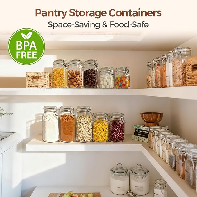 ComSaf 25oz Airtight Glass Canisters with Lids Set of 6, Square Food Storage Jar Container with Clamp Lids for Kitchen Canning Cereal Coffee Pasta Sugar Beans Spice, Clear Mason Jars with 12 Labels
