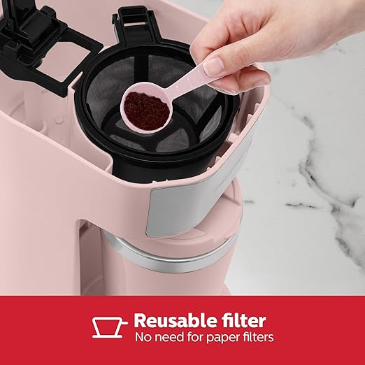 Holstein Housewares Personal Coffee Maker with 14oz Travel Mug – Compact One-Touch Brew Machine with Reusable Filter, Auto Shut-Off, Non-Stick Plate, Ideal for Home, Office, or Dorm. Pink