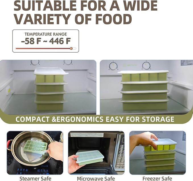 2 Tbsp Silicone Freezer Molds - Perfect for Storing Garlic, Herbs, Ginger, Pesto, Tomato Paste, Lemon Juice, Purees and More - Silicone Food Freezer Tray (Green 4 Pack)