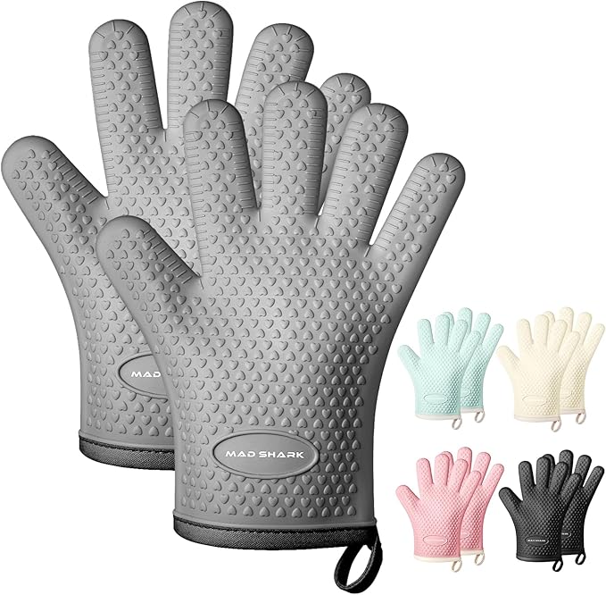 MAD SHARK Silicone Oven Mitts Heat Resistant 450 Degrees,Waterproof & Non-Slip Oven Gloves with Fingers,Cotton Lined Silicone Oven Gloves Kitchen Mitts for Baking Cooking Barbecue,Women,Oven (GREY1)