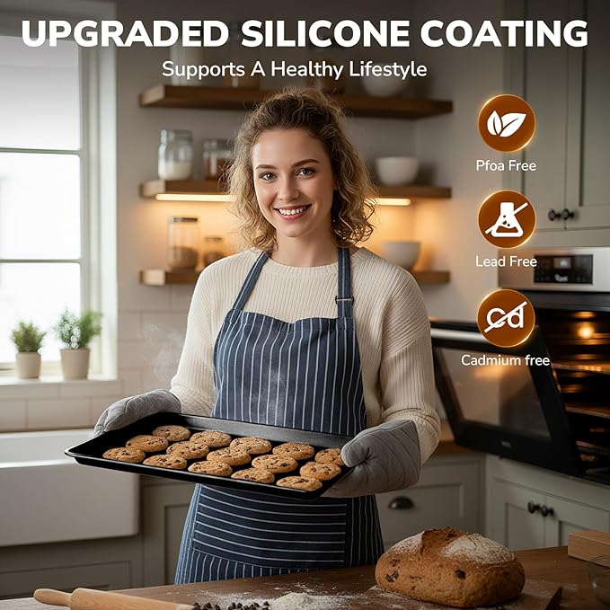 Nonstick Baking Sheet Pan Set of 3, Heavy Duty Cookie Sheets for Oven, 0.6mm Thick Quarter Size & Half Size & Jelly Roll Pan, Rustproof & Easy Clean with Textured Surface(Black)
