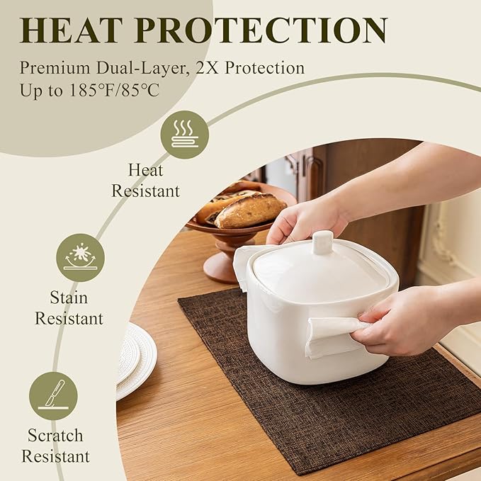 KXN Placemats Set of 8, Dual-Layer Thickened Faux Linen Table Mats, Heat Resistant & Wrinkle-Free, Machine Washable Cloth Place Mats for Kitchen Dining Indoor Outdoor (Brown)
