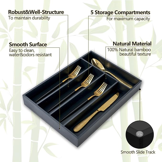 Silverware Organizer, 10 Inch Utensil Organizer Kitchen Drawer Organizer Bamboo Silverware Holder Cutlery Tray Organizer in Drawer Flatware Organizer Tray(5 slots, Black）