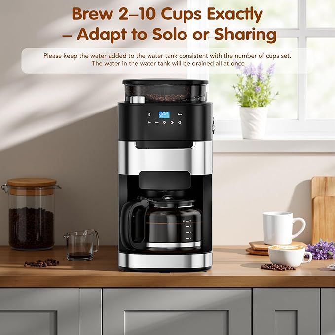 Joy Pebble 10-Cup Drip Coffee Maker with Built-In Grind, Grind & Brew, Touch-Screen Control, 1.5L Large Water Tank & Keep Warm Plate
