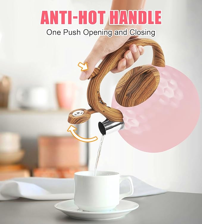 Whistling Tea Kettle,3.2Qt Stainless Steel Stove Kettle, Food Grade Teapot with Wood Pattern Handle for Coffee, Milk etc, Gas Electric Applicable (Pink)