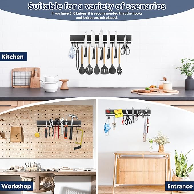 20 inch magnetic knife holder with 10 hooks, No Drilling black knife magnetic strip and utensil hanger for wall, Powerful knife magnet rack include tape and screws