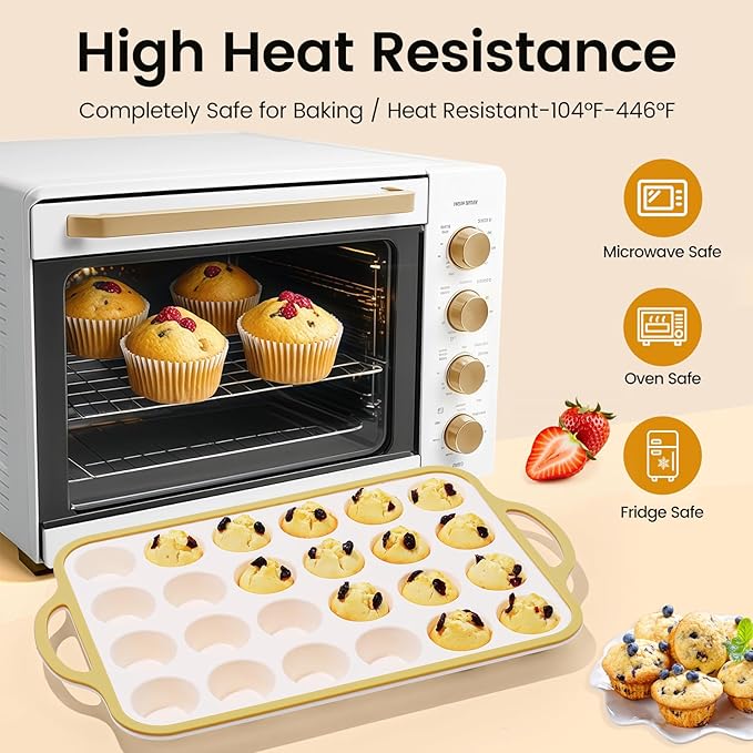 Silicone Mini Muffin Pan With Metal Reinforced Frame - 24 Cups Durable Silicone Cupcake Pan for Muffin, Cupcakes, BPA Free and Dishwasher Safe - 2 Piece Light Yellow