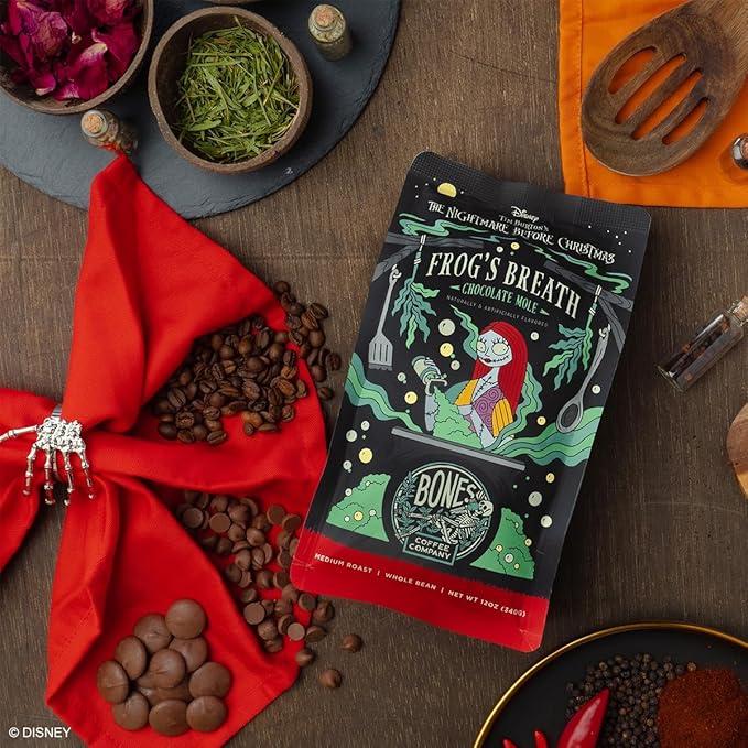 Bones Coffee Company The Nightmare Before Christmas Frog's Breath Flavored Coffee Beans, Whole Bean Coffee Medium Roast Low Acid, Chocolate Mole Flavor (12 oz)
