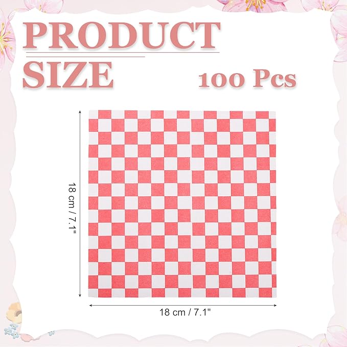 PATIKIL 7.1" x 7.1" Waxed Paper Sheets, 100Pcs Square Pattern Oil-absorbing Dry Food Wrapping Paper for Bakery Coffee Shop Home Baking Kitchen DIY, Red