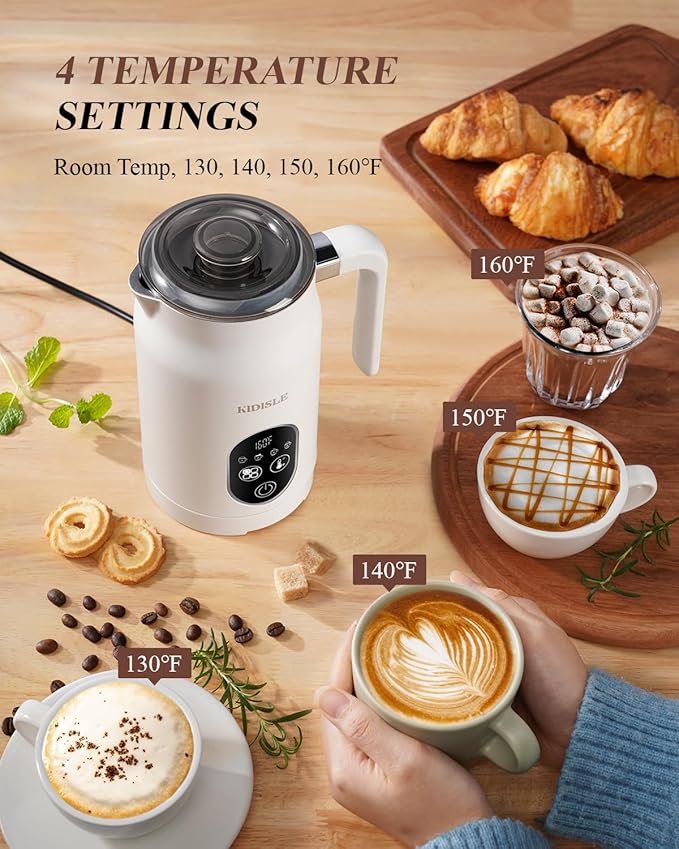 Milk Frother and Steamer 4 in 1, Milk Steamer with Auto Temperature Control, Warm & Cold Foam Maker, Hot Chocolate Maker, Frother for Coffee, Latte, Cappuccino, White