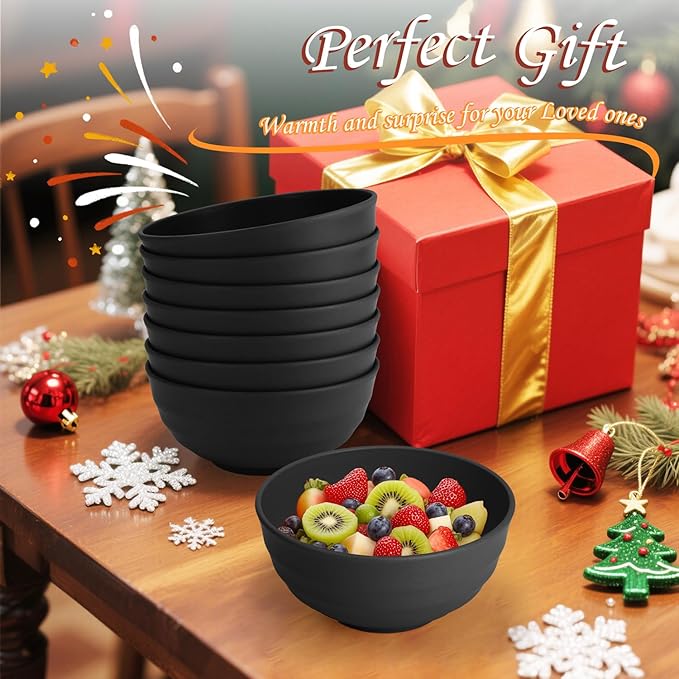 Homienly Unbreakable Big Bowl Set of 8: Alternative to Large Plastic Bowls - 60oz Wheat Straw Bowls for Salad, Soup & Cereal, Microwave & Dishwasher Safe for Everyday Use & Picnics - Black
