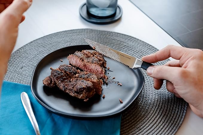 DURA LIVING Premium 4-Piece Steak Knife Set – Sharp Serrated Blades, Forged High Carbon Stainless Steel, Full Tang, Ergonomic Handle, Elegant Gray Finish – Ideal for Dining & Entertaining