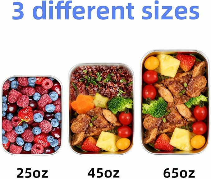 Stainless Steel Lunch Box Container with Lid, Pack of 3 Bento Snack Boxes for Work, Travel or Picnics, Dishwasher Safe, 25oz, 45oz, 65oz