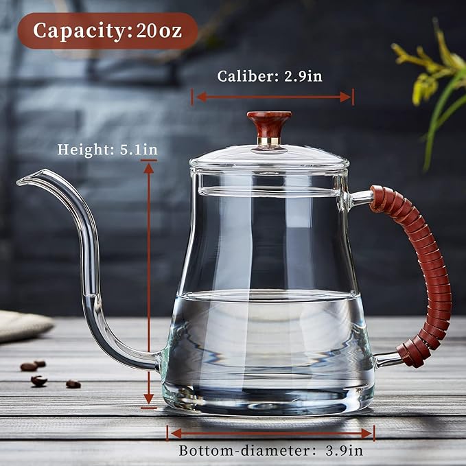 Unbreakable Gooseneck Kettle for Drip Coffee, 20oz/600ml Glass Coffee Kettle with Lid