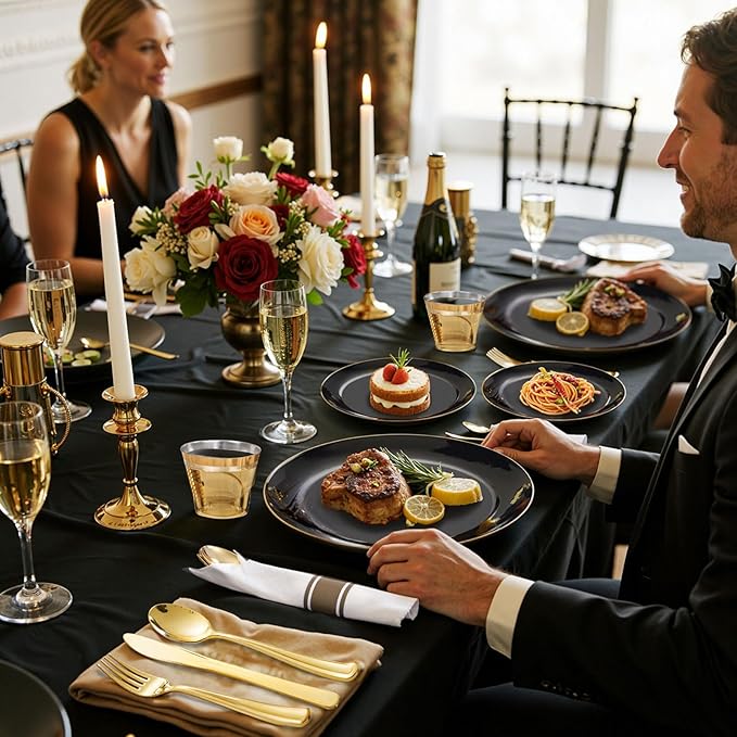 KIRE 200Pcs Black Plastic Plates - Black Plates Disposable for Party - Include 100 for Dinner and 100 for Dessert for Birthday/Wedding/New Year