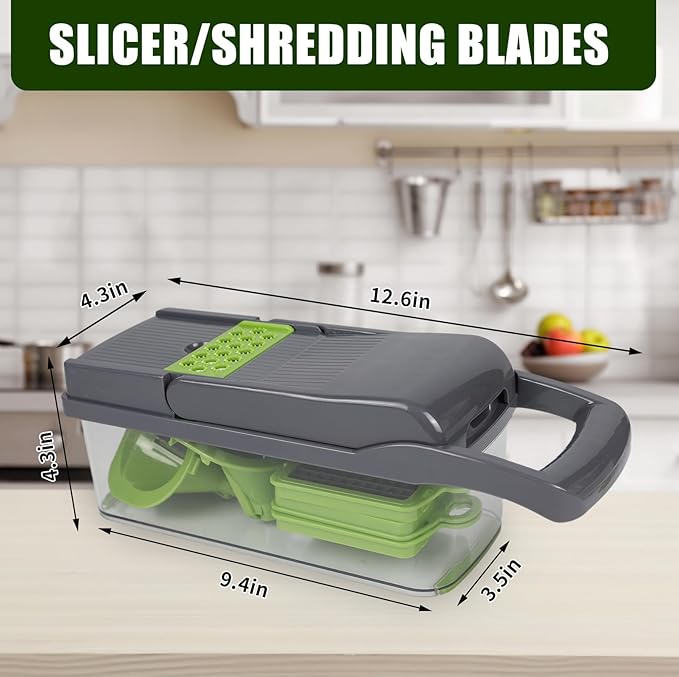 Multifunctional vegetable cutter 26 in 1 vegetable slicer, cucumber slicer, potatoes, tomatoes, zucchini, garlic, eggs, vegetable cutter with container and lid, salad cutter, dicing machine, shredder