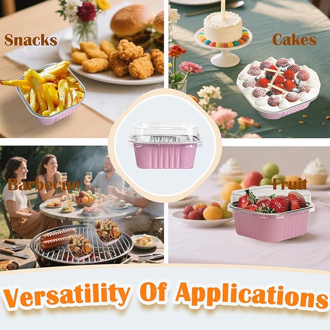 50 Pcs Mini Square Baking Cups with Lids,5oz Aluminum Foil Mini Cake Pans with Lids,Disposable Ramekins Cake Pans,150ml Dessert Cups Cupcake Pans for Wedding Birthday Party,Pink