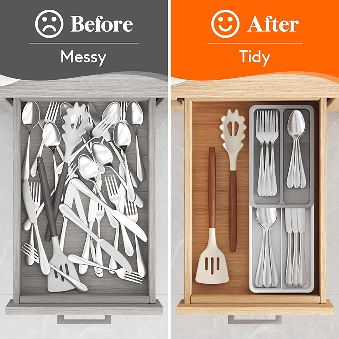 Lifewit Compact Silverware Organizer for Kitchen Drawer, Narrow Flatware Tray Holder, Plastic Cutlery Spoons, Forks and Knives Storage, White&Gray, 1 Pack