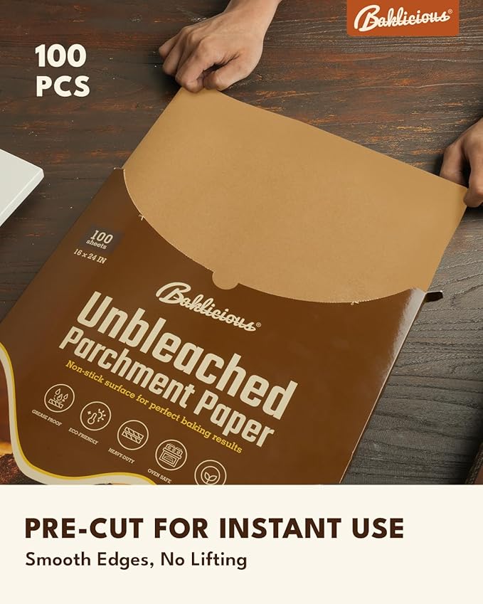 16x24 inch Unbleached Heavy Duty Parchment Paper Sheets, 100Pcs Precut Non-Stick Full Parchment Paper for Baking, Cooking, Grilling, Frying, Steaming, Full Sheet Baking Pan Liners