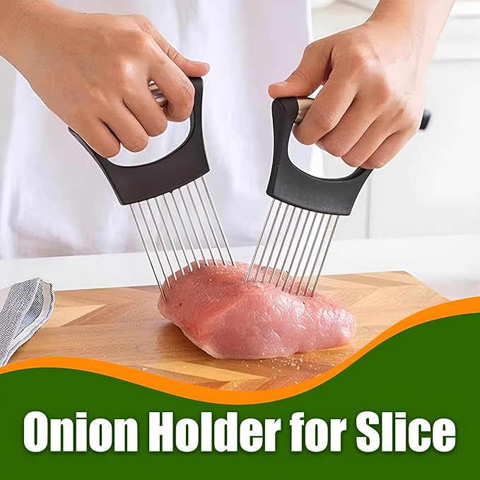 stainless steel onion slice holder onion slicer and chopper,finger guards for cutting food,finger protector for cutting food 2025 Premium Onion Slicer with finger holder & bread knife