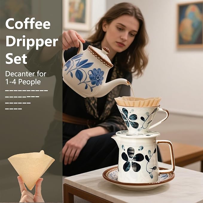Ceramic Pour Over Coffee Maker Set, Ceramic Coffee Dripper with Single Hole, Coffee Pot & 100 Paper Filters for Home, Travel, Camping (1-2 Cup)