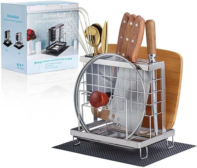 Knife Block Holder, Kitchen Knife Holder Storage Organizer，Utensil & Cutlery Caddy, Cutting Board Holder, Pot Lid Stand with Anti-Slip Pad for Countertop, Space-Saving (Silver)