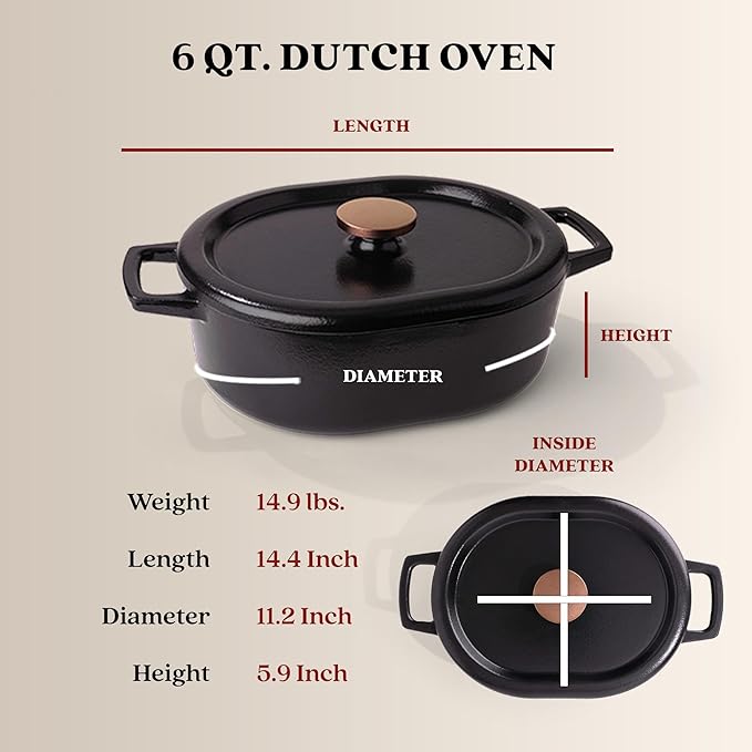Alva Nori 6-Qt Enameled Cast Iron Dutch Oven – Made With No PTFE/PFOA/PFAS, Oven & Induction Safe – 3-Layer Enamel, No Seasoning Needed – Durable, Easy-Clean Cookware for Healthy Cooking, Black